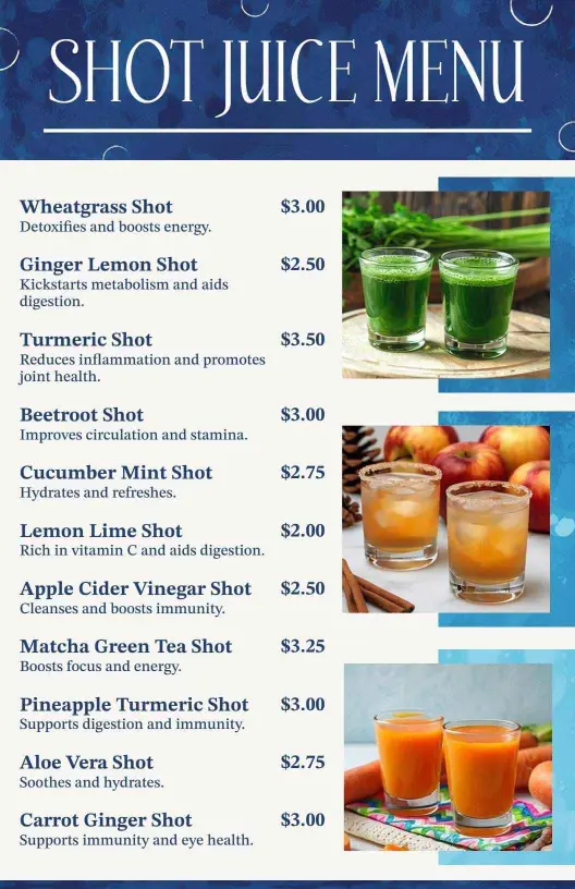 Revitalizing Juice Shots for Energy and Wellness Juice Menu Template