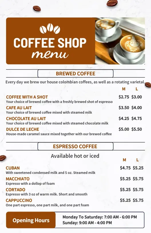 Rich Brewed and Espresso Coffee Selections Signature Cafe Menu Template