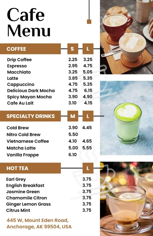 Rich Coffee and Specialty Drink Offerings Cafe Menu Template