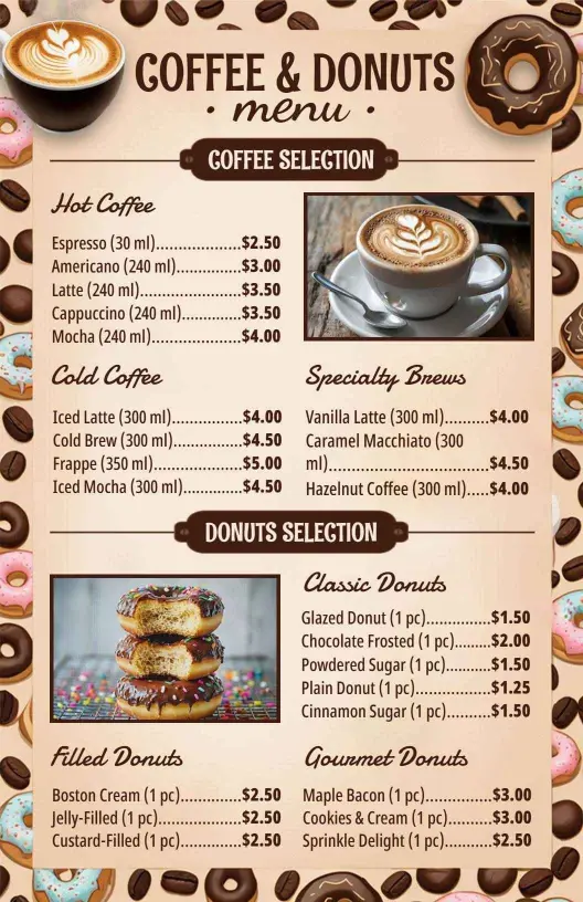Rich Coffee Selections and Freshly Baked Donuts Cafe Menu Template