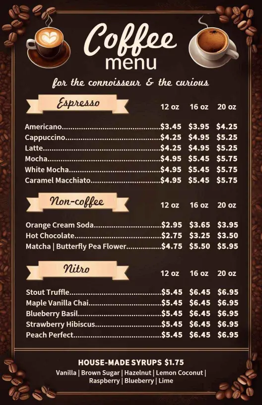 Rich Espresso and Unique Beverage Selections Cafe Menu Template