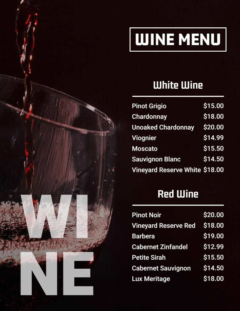 Rich Maroon Elegant Wine Listing with Price Menu Template