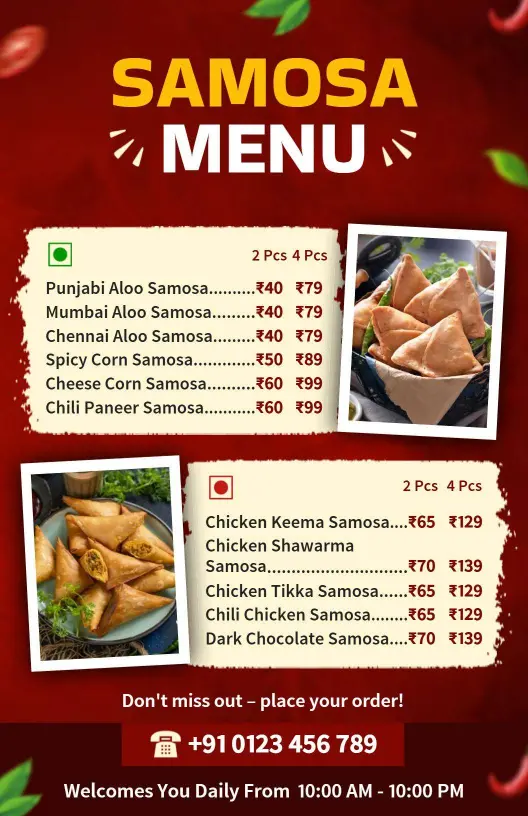 Rich Red Themed Savory Samosa Variety Menu Template