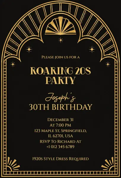 Roaring 20s Themed Birthday Party Invitation Template