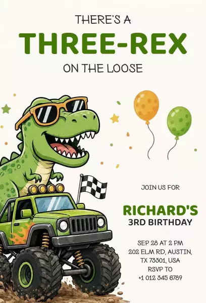 Roaring Dinosaur Adventure 3rd Birthday Invitation Template