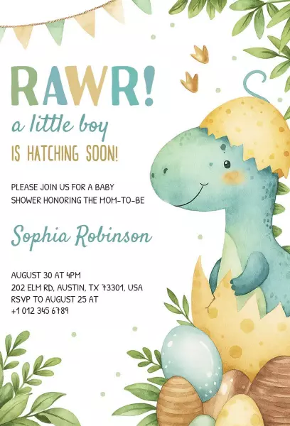 Roaring Dinosaur Baby Shower Celebration Invitation Template