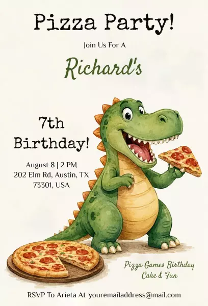Roaring Dinosaur Pizza Party Birthday Celebration Invitation Template