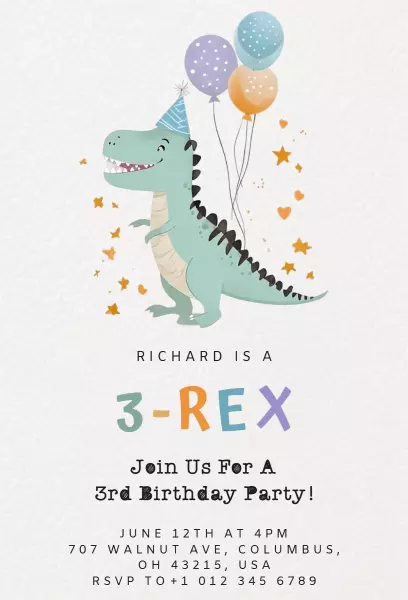 Roaring Dinosaur Theme 3rd Birthday Celebration Invitation Template