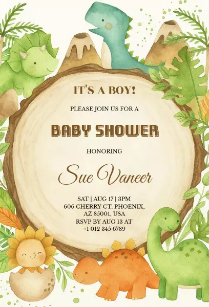 Roaring Dinosaur Theme Baby Shower Celebration Invitation Template