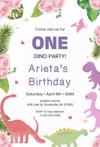 Roaring Dinosaur Themed First Birthday Celebration Invitation Template