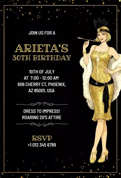 Roaring Twenties Glamorous Golden Birthday Celebration Invitation Template