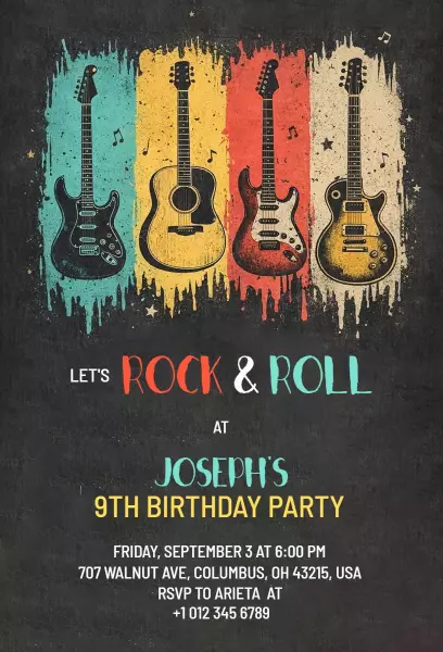 Rock and Roll 9th Birthday Party Celebration Invitation Template