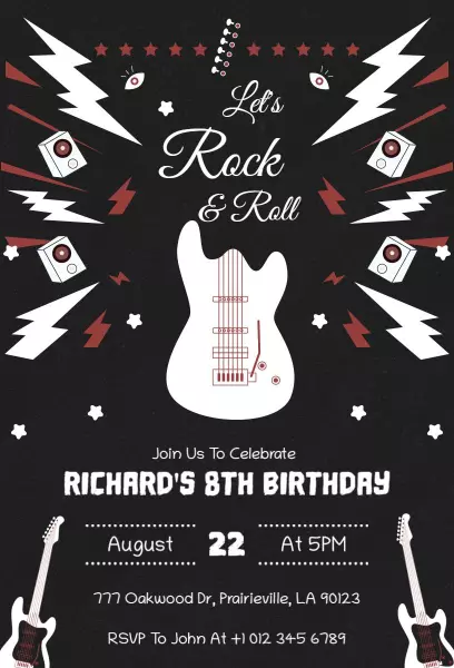 Rock and Roll Guitar Themed Birthday Celebration Invitation Template