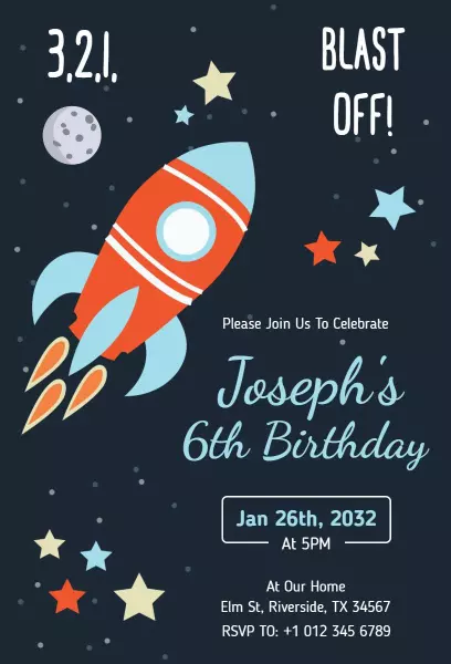 Rocket Blast Off Space Birthday Celebration Invitation Template