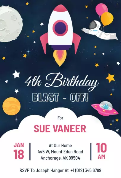 Rocket Space Adventure 4th Birthday Celebration Invitation Template