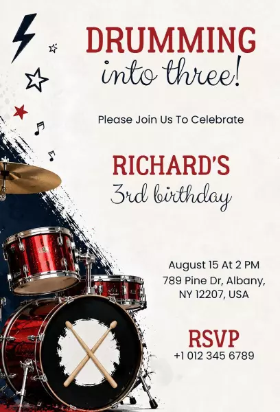 Rocking Drum Theme 3rd Birthday Celebration Invitation Template
