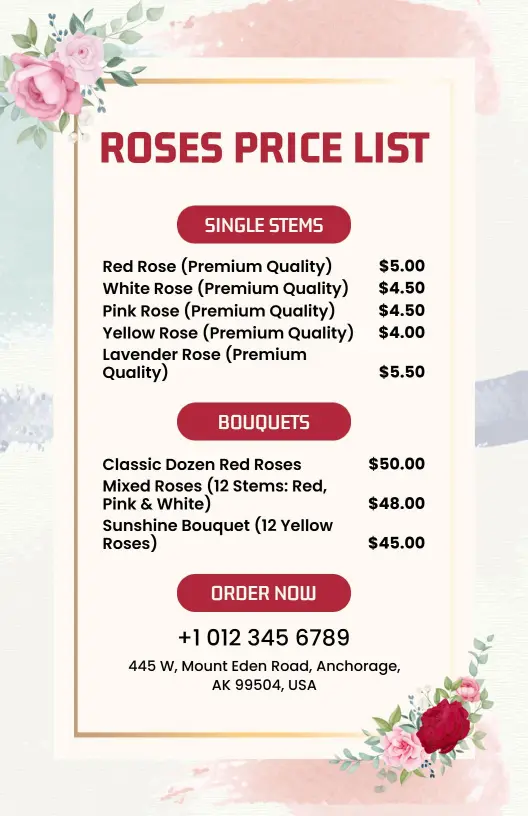 Romantic Bouquet Soft Pink Rose Price List Template