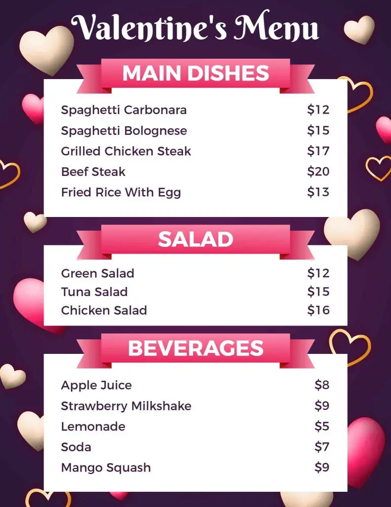 Romantic Dinner Main Courses and Sweet Treats for Valentine's Day Menu Template