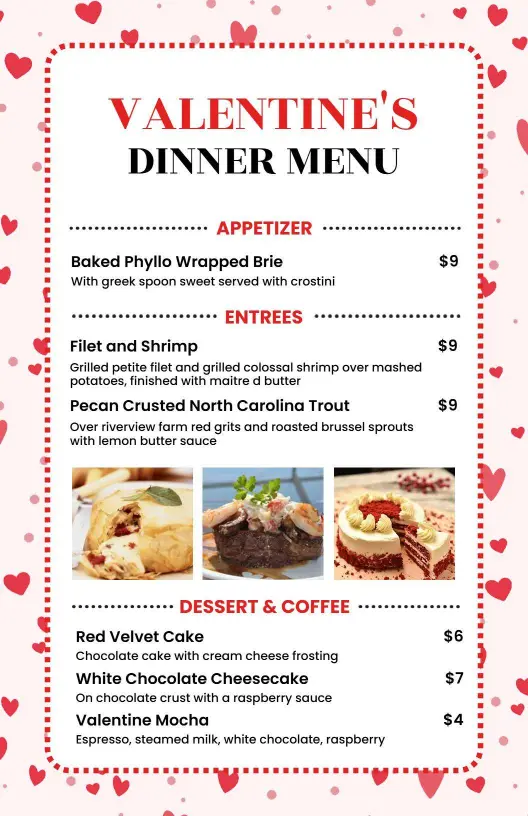 Romantic Dinner Selections and Decadent Desserts Valentine's Day Menu Template