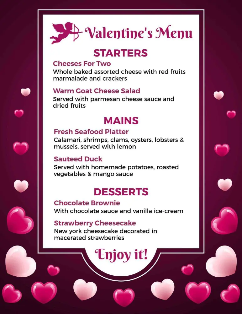 Romantic Dinner Selections for Couples on Valentine's Day Menu Template