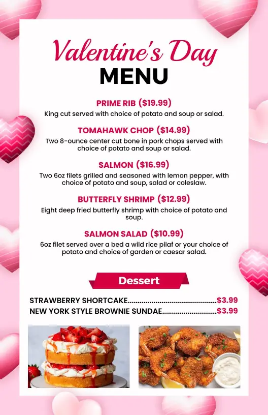Romantic Dinner Selections for Couples on Valentine’s Day Menu Template