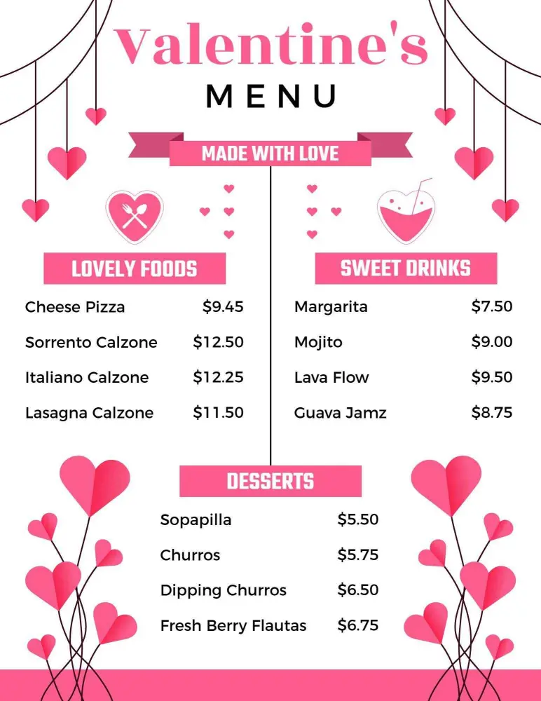 Romantic Dinner Selections with Desserts and Drinks Valentine's Day Menu Template