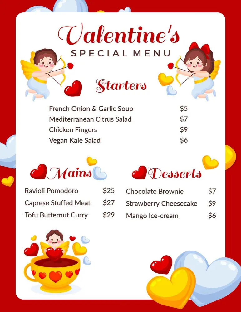 Romantic Dishes and Sweet Treats for Loved Ones Valentine's Day Menu Template