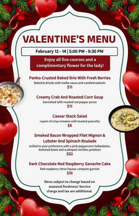 Romantic Five-Course Dinner for Sweethearts Valentine's Day Menu Template