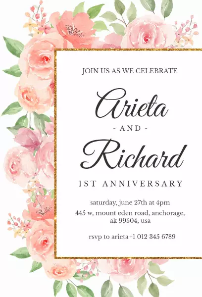 Romantic Floral 1st Anniversary Celebration Invitation Template