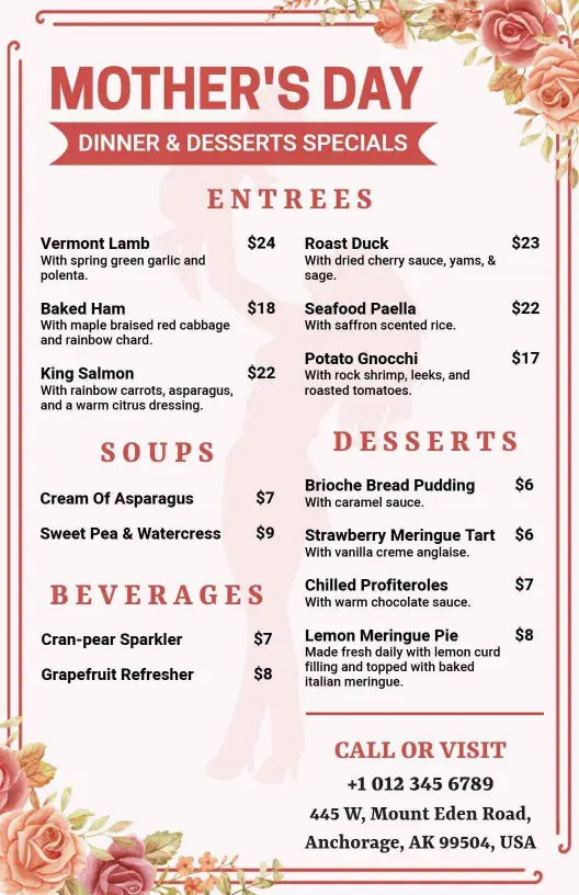 Romantic Floral Mother's Day Dinner and Desserts Menu Template