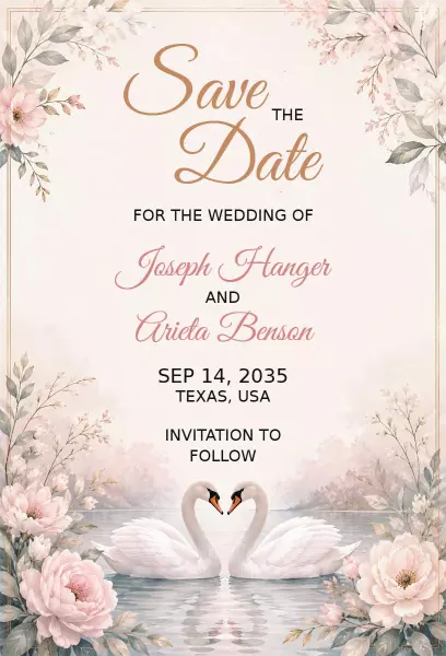 Romantic Floral Swan Save The Date Wedding Invitation Template