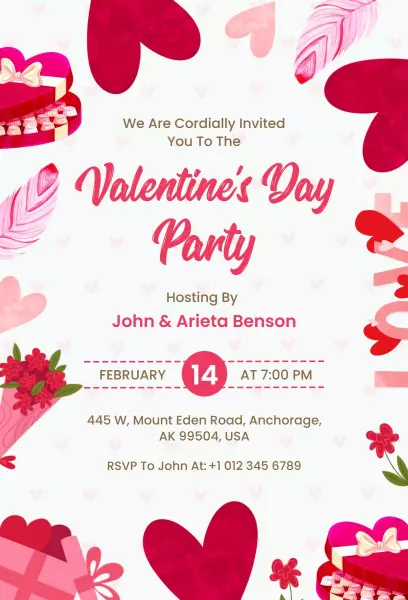 Romantic Heart Theme Valentine's Day Party Invitation Template