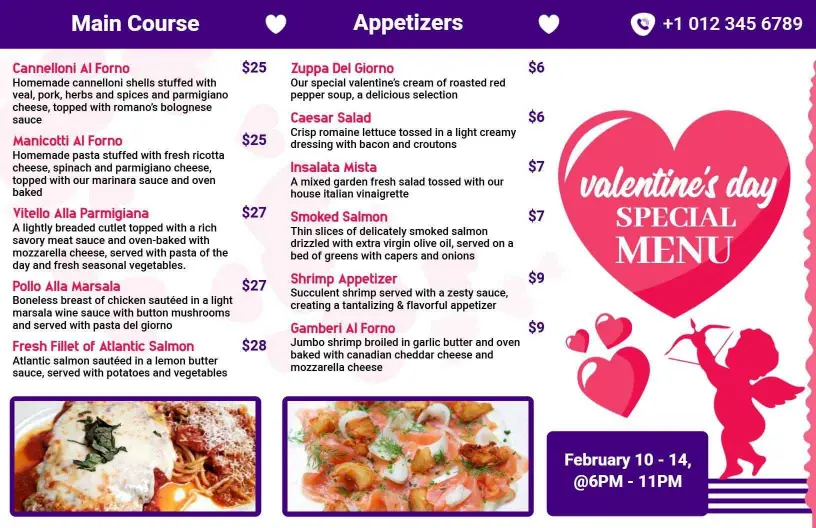 Romantic Italian Dishes and Special Treats Valentine's Day Menu Template