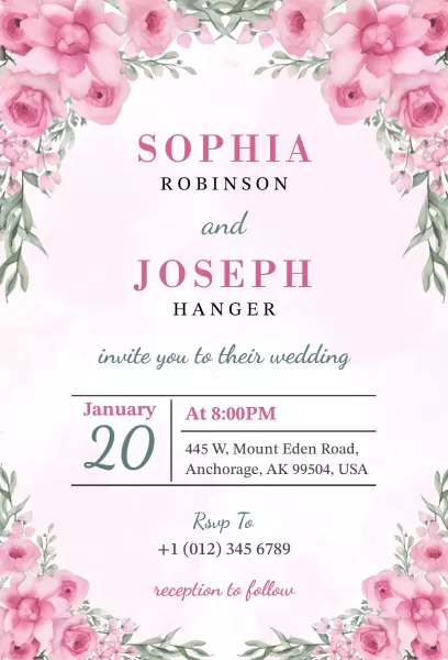 Romantic Pink Floral Elegant Wedding Ceremony Invitation Template