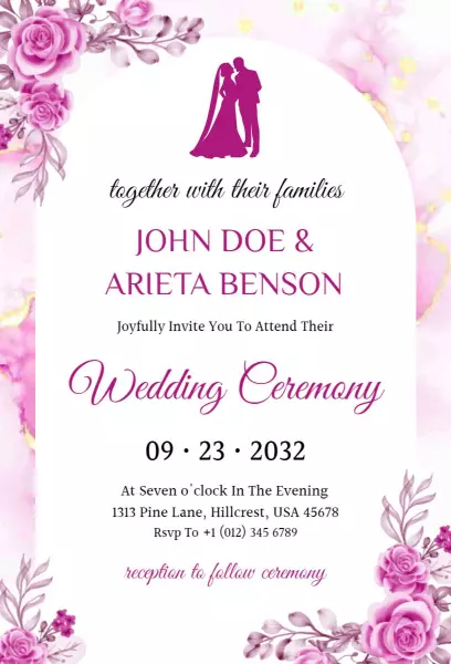 Romantic Pink Floral Wedding Ceremony Invitation Template