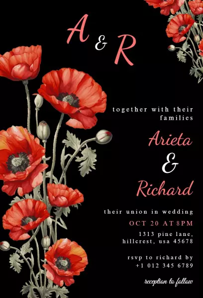 Romantic Poppy Floral Wedding Celebration Invitation Template