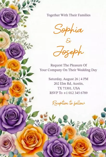Romantic Purple Orange Rose Wedding Ceremony Invitation Template