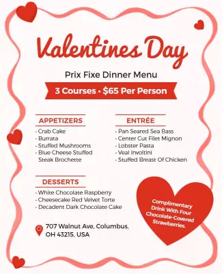 Romantic Red Heart-Themed Valentine's Day Dinner Menu Poster Template