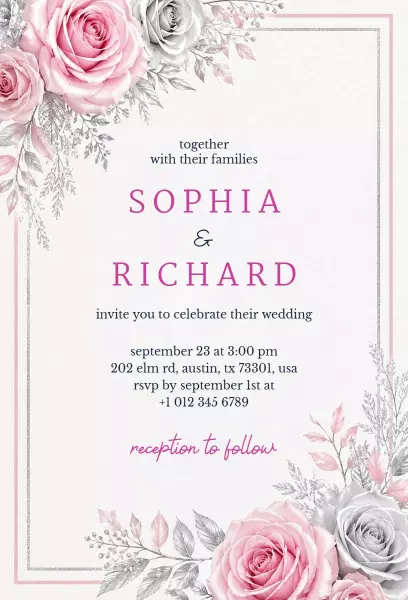Romantic Rose Floral Elegant Wedding Celebration Invitation Template
