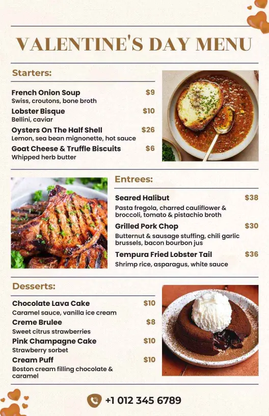 Romantic Seafood and Decadent Desserts for Lovers Valentine's Day Menu Template