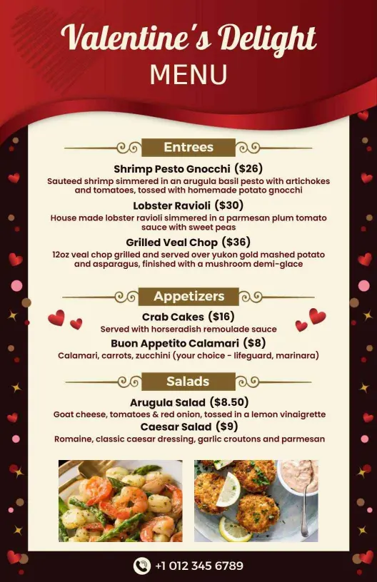 Romantic Seafood and Gourmet Dishes for Couples Valentine's Day Menu Template
