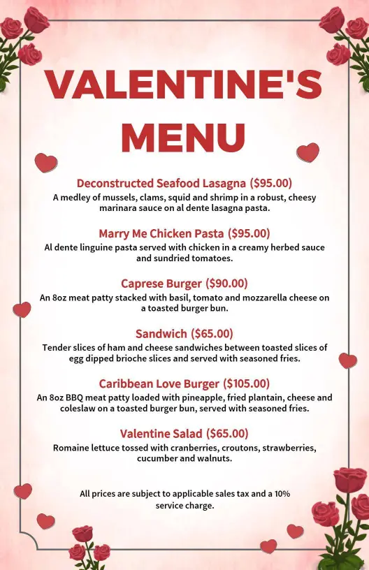 Romantic Seafood and Pasta Dishes for Valentine's Day Menu Template