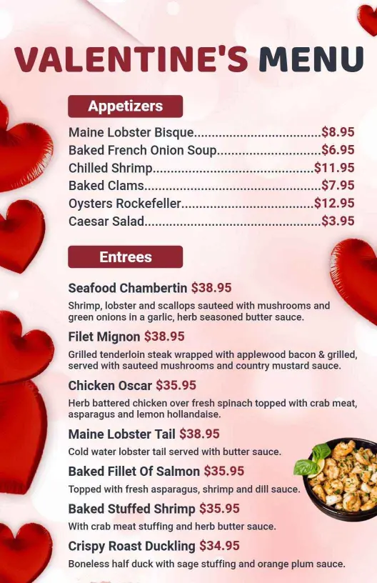 Romantic Seafood Dishes and Elegant Flavors Valentine's Day Menu Template