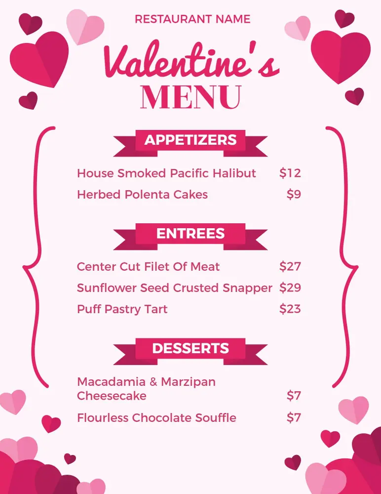 Romantic Valentine's Day Dishes for a Special Celebration Menu Template