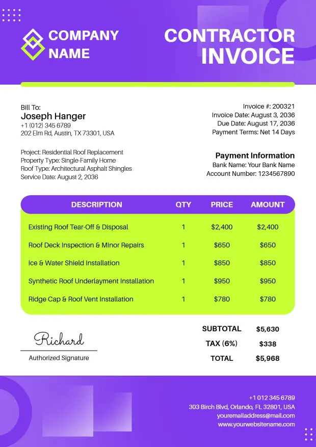 Roofing Services Breakdown with Pricing Contractor Invoice Template