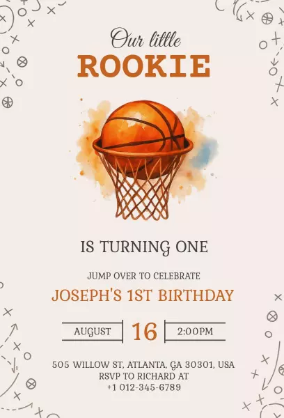 Rookie Basketball Theme 1st Birthday Celebration Invitation Template