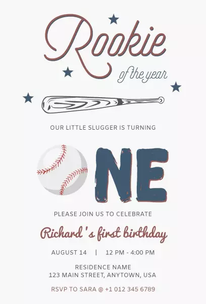 Rookie of the Year Baseball Birthday Celebration Invitation Template