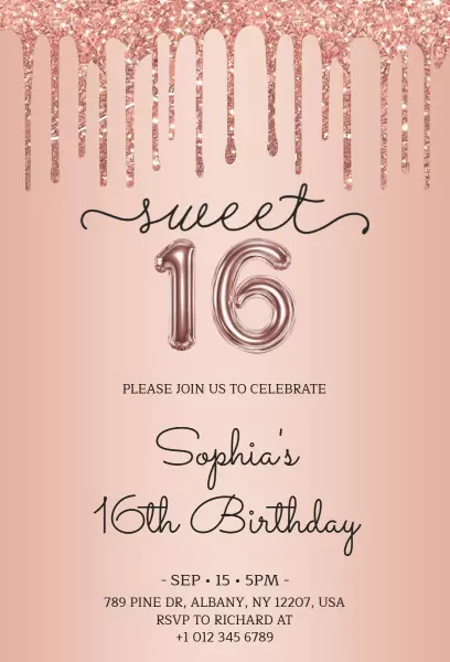 Rose Gold Glam Sweet 16 Birthday Celebration Invitation Template