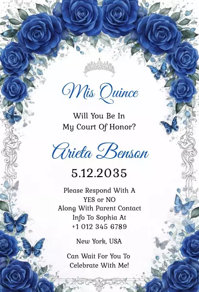 Royal Blue Floral Quinceanera Celebration Invitation Template