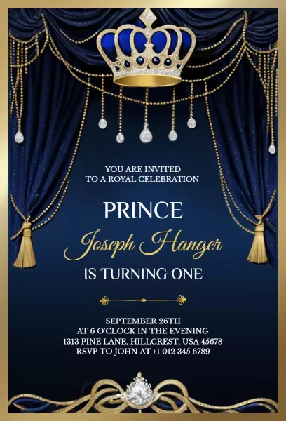 Royal Blue Prince 1st Birthday Celebration Invitation Template